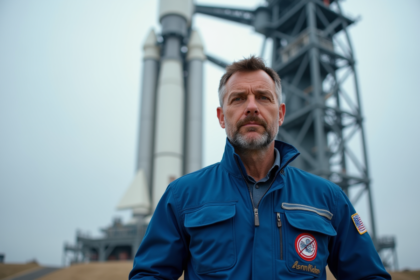 Ingénieur aérospatial devant la fusée Ariane 6