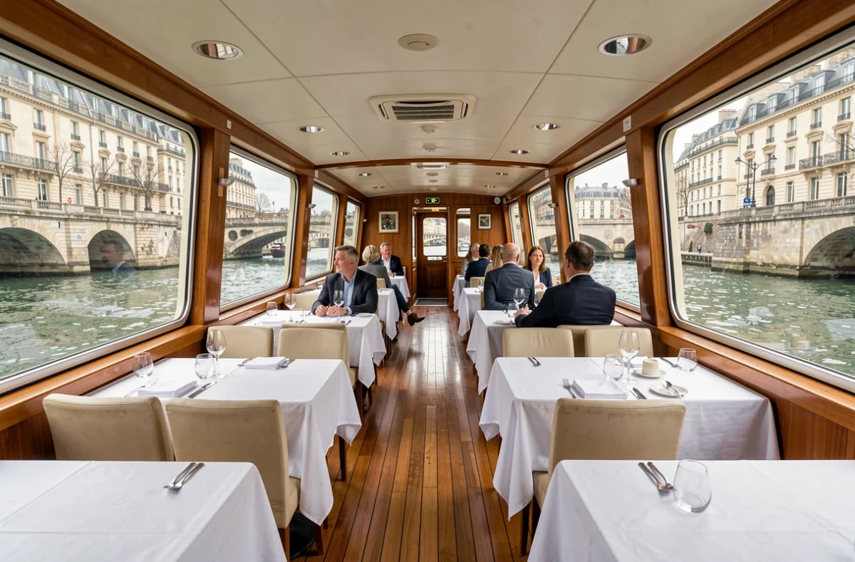 Intérieur élégant d'un bateau de croisière sur la Seine avec vue panoramique sur Paris