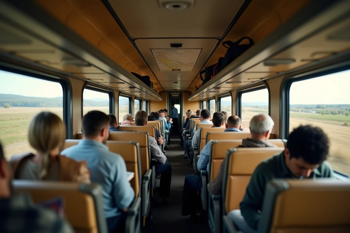 Intérieur d'un train reliant Montréal à New York City avec passagers et paysage québécois en arrière-plan