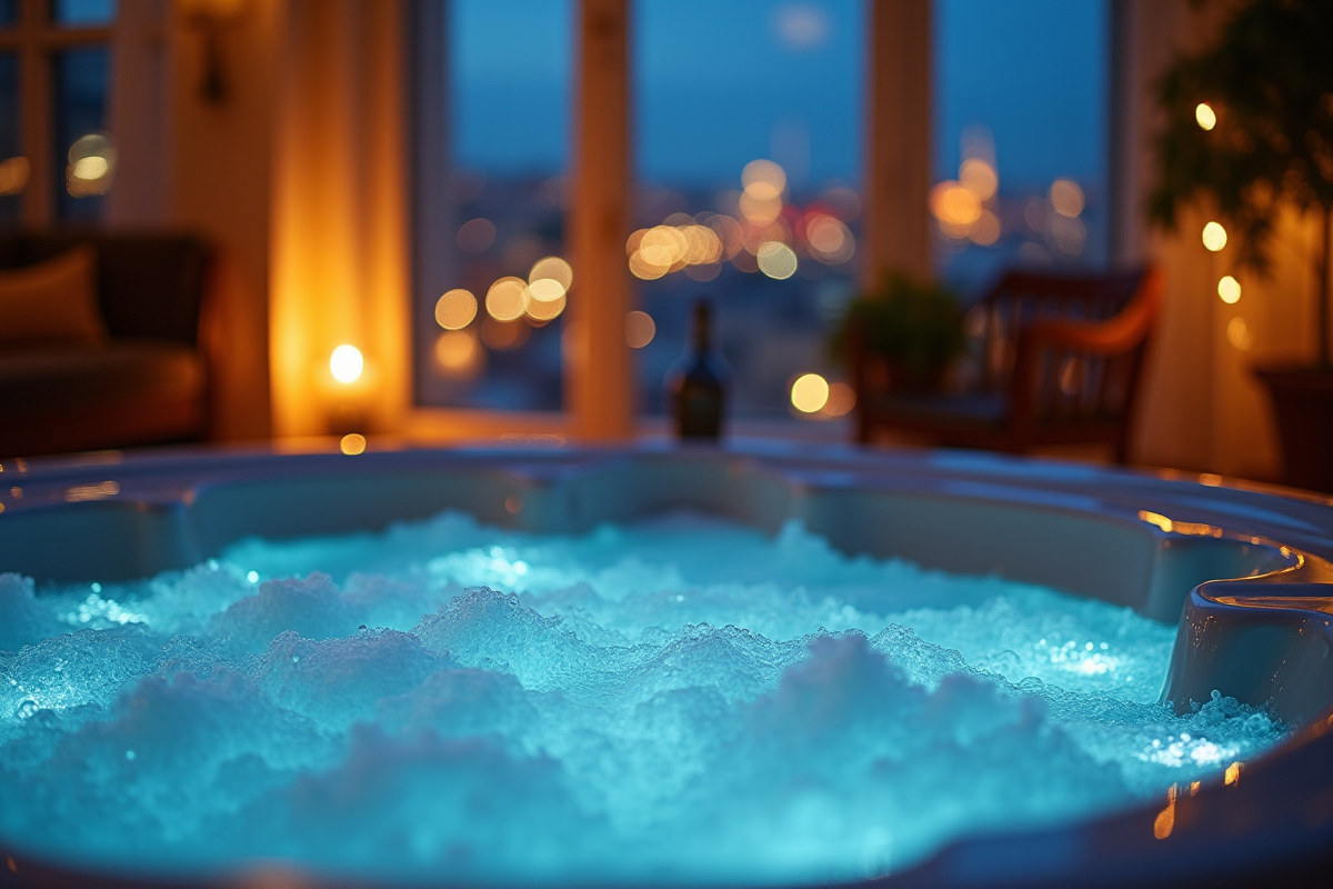 Jacuzzi dans une suite parisienne éclairée en soirée avec lumières douces