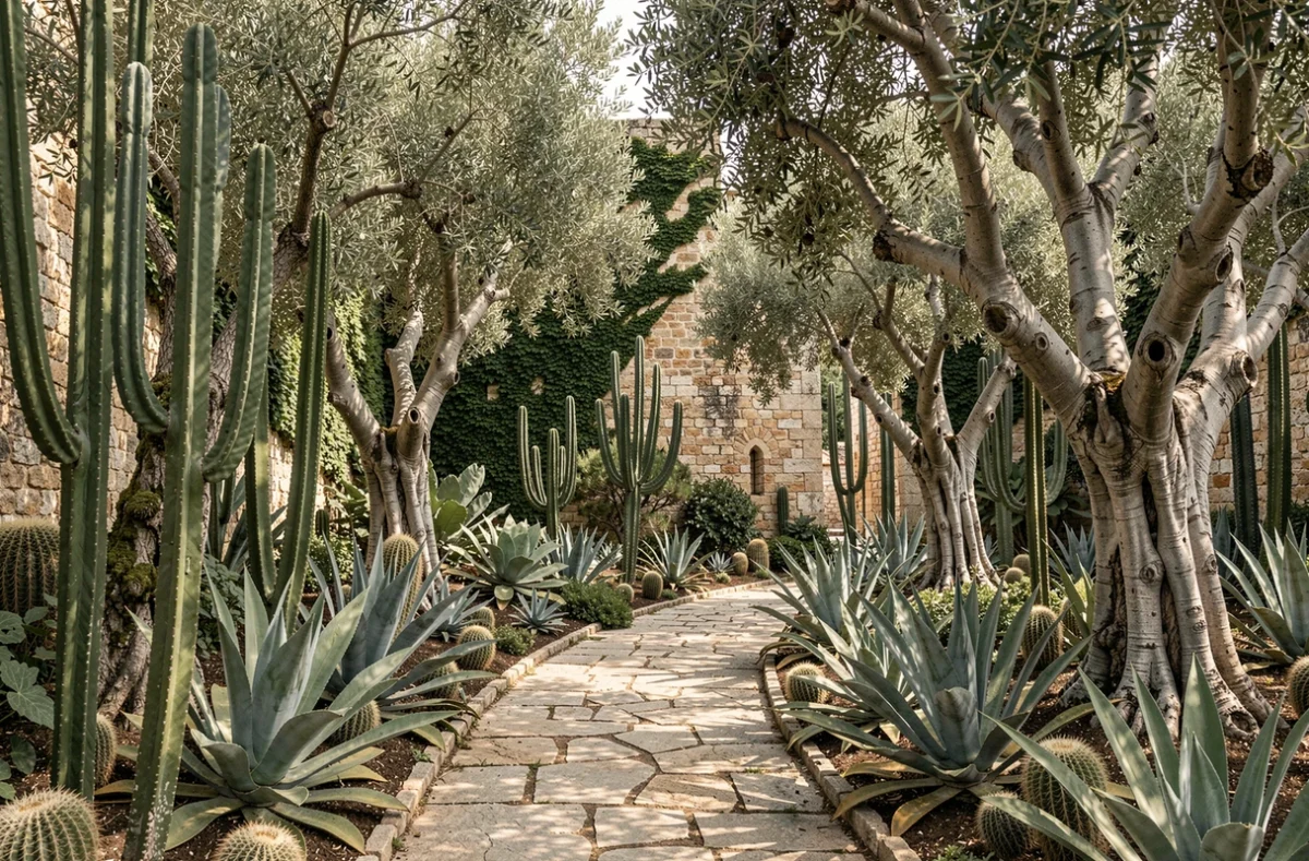 Jardin botanique luxuriant de l'île de Lokrum avec cactus géants, oliviers anciens et ruines du monastère bénédictin
