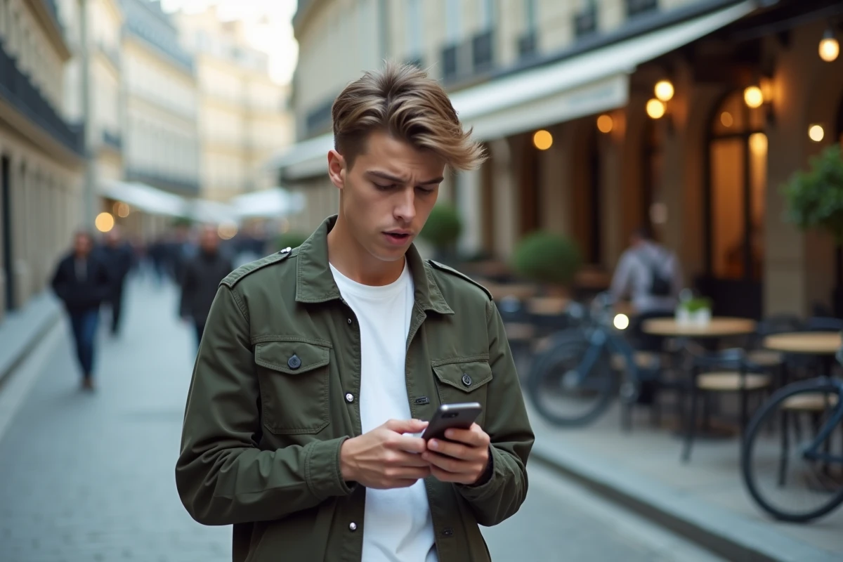 Jeune adulte dans la rue regardant une notification d'appel manqué d'un numéro commençant par 39