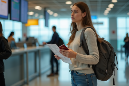 Jeune femme à l'aéroport en train de s'enregistrer