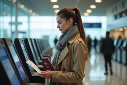 Jeune femme au check-in aéroport avec passeport et boarding pass