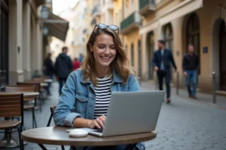 Jeune femme souriante au café avec ordinateur portable