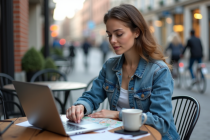 Jeune femme en terrasse de café planifiant son voyage