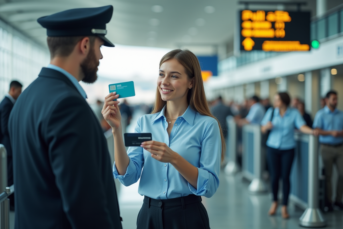 Jeune femme présentant sa licence pilote au contrôle aeroportuaire