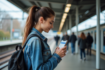 Jeune femme examinant un ticket Interrail à la gare