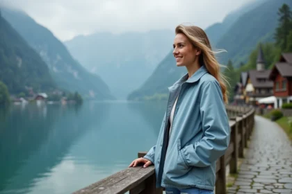 Jeune femme souriante au bord du lac de Hallstatt