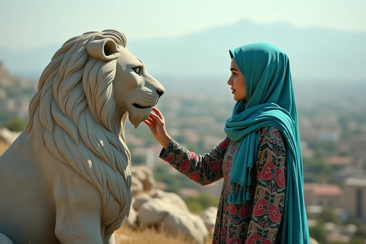 Jeune femme iranienne regardant la sculpture du lion à Hamadan