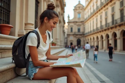 Jeune femme souriante assise devant la cathédrale de Palerme