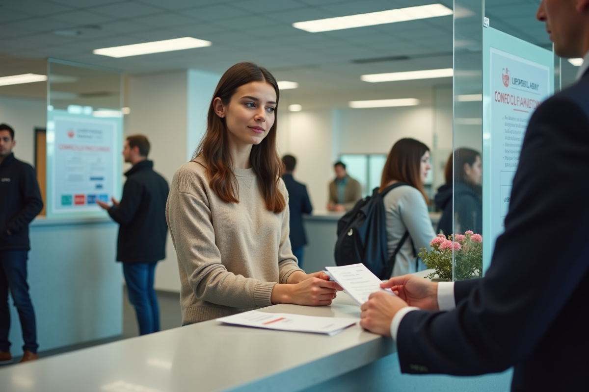 Jeune femme remettant une carte consulaire au bureau