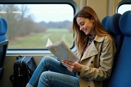 Jeune femme souriante dans le train avec carte en main