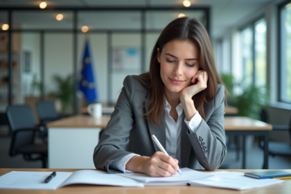 Jeune femme en bureau administratif en train de remplir des papiers