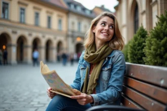 Jeune femme avec carte et carnet dans une place européenne