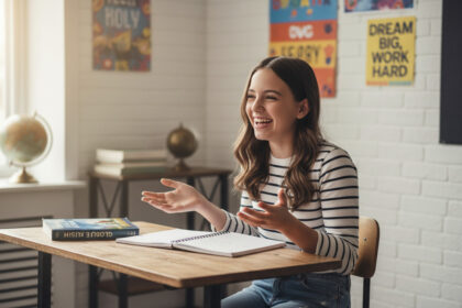 Jeune fille de 15 ans riant en classe avec livres