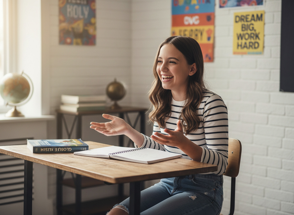 Jeune fille de 15 ans riant en classe avec livres