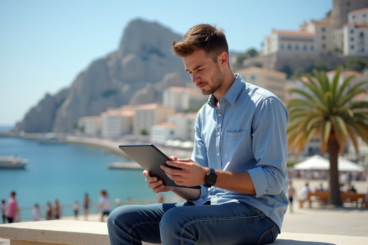 Jeune homme remplissant formulaire sur tablette à Gibraltar