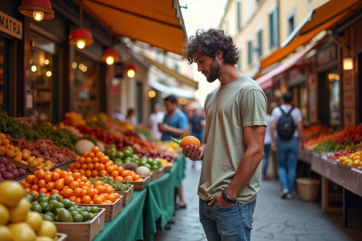 Jeune homme curieux dans le marché de Ballarò à Palerme