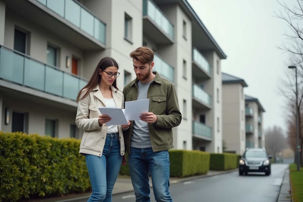 Couple de locataires devant un immeuble résidentiel à Rodange Luxembourg, consultant un contrat de location