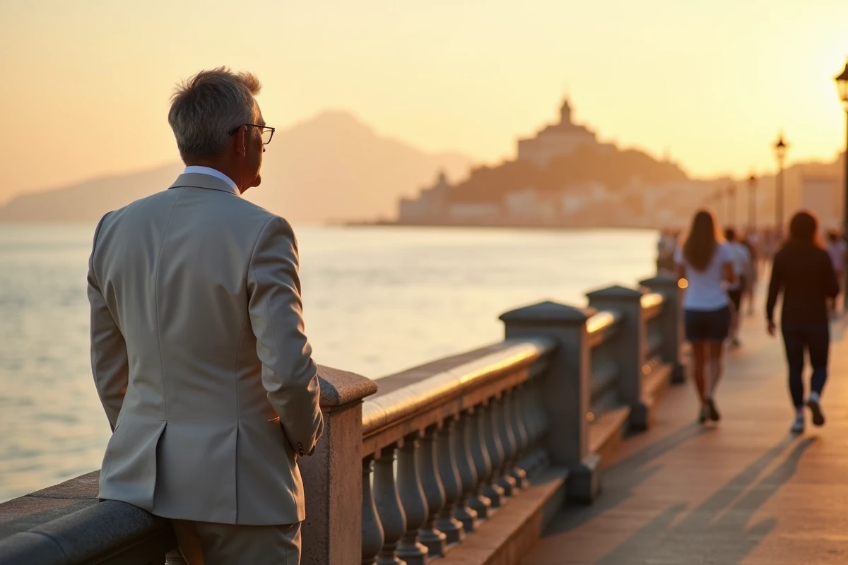 Homme contemplant la baie de Naples depuis la promenade du Lungomare avec le Castel dell'Ovo et le Vésuve en arrière-plan