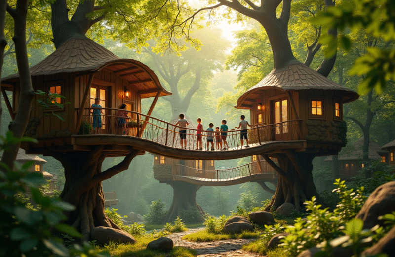 Famille heureuse dans des cabanes dans les arbres en forêt en France