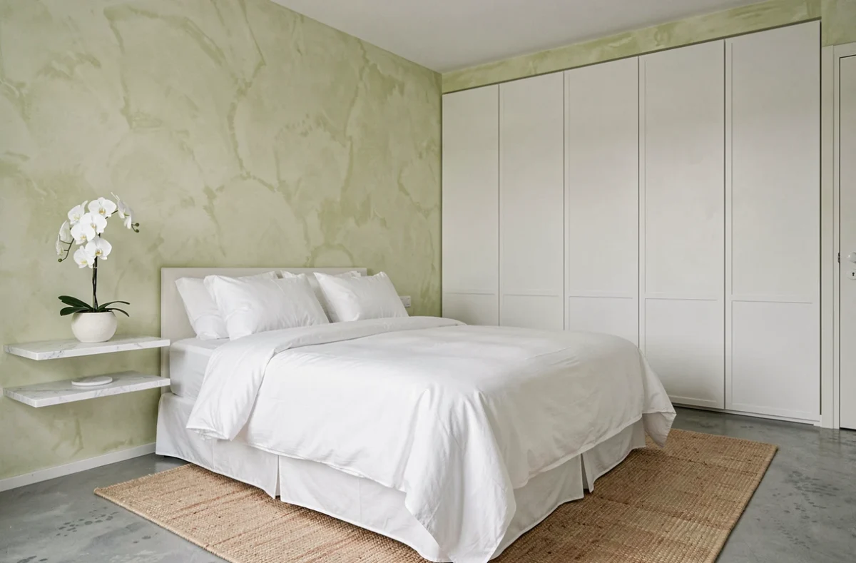 Suite épurée de la Maison Blanche Paris avec murs à la chaux, literie blanche en percale et orchidée sculptée