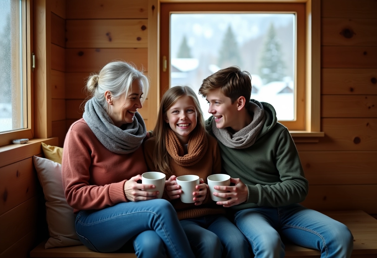 Maman et enfants buvant du chocolat chaud dans un chalet