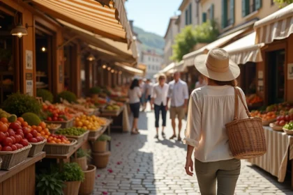 Marché estival animé de Fort Mahon avec des étals colorés de fruits et légumes frais sous des auvents rayés