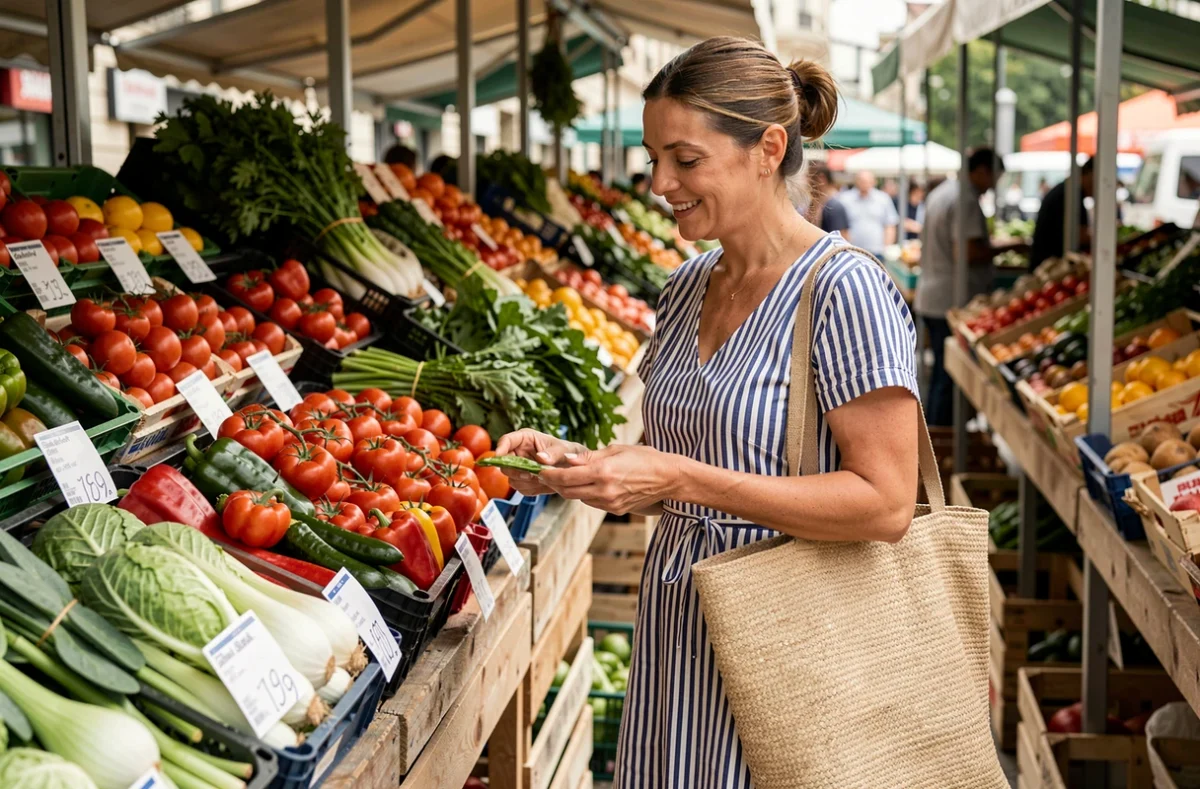 Femme faisant ses courses dans un marché local en Serbie pour économiser de l'argent en voyage