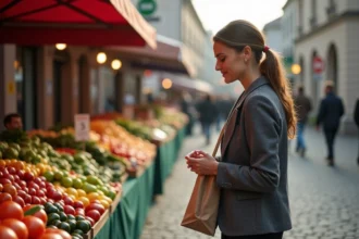 Femme faisant ses courses au marché local de Pétange Luxembourg, comparant les prix des produits frais