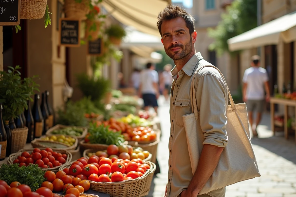 Voyageur écoresponsable sur un marché provençal méditerranéen avec produits locaux frais et artisanaux dans un village en pierre