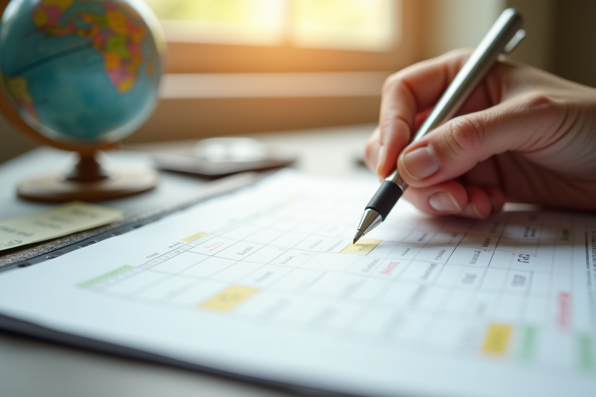 Main marquant une date sur un calendrier avec globe en arriere plan