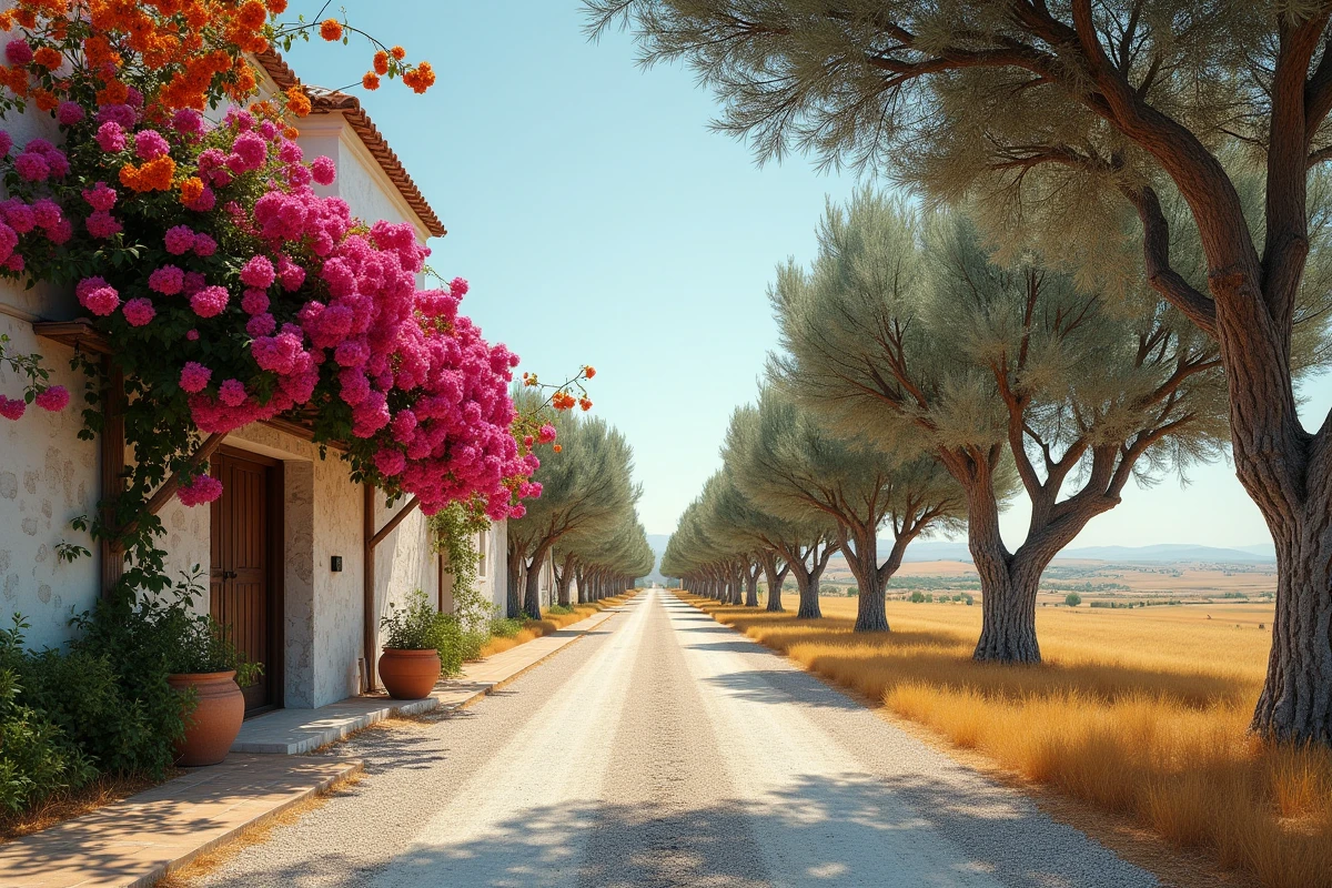 Masseria traditionnelle des Pouilles entourée d'oliviers centenaires et de bougainvillées, allée de gravier en Italie du Sud