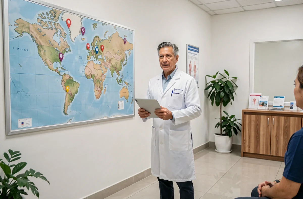 Médecin spécialisé en tourisme médical présentant les destinations mondiales les plus demandées dans une clinique moderne