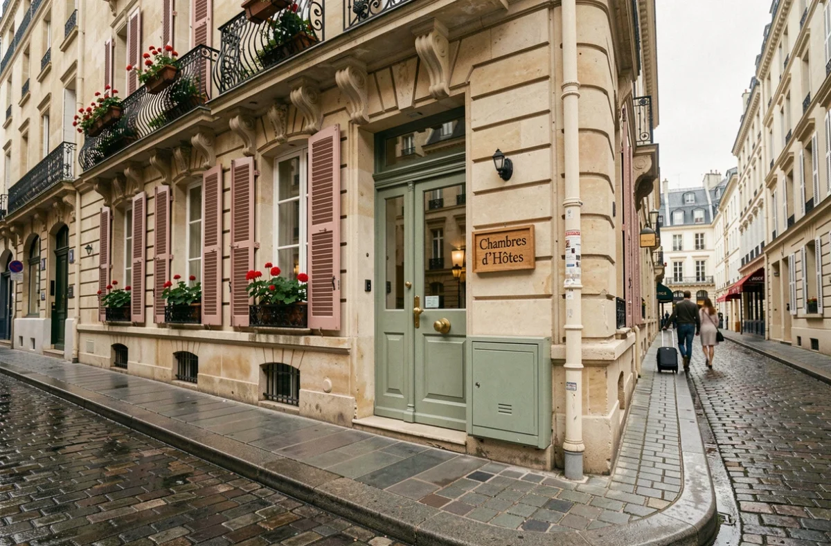 Façade typique d'une chambre d'hôtes parisienne avec balcons en fer forgé et porte verte, ambiance Haussmann