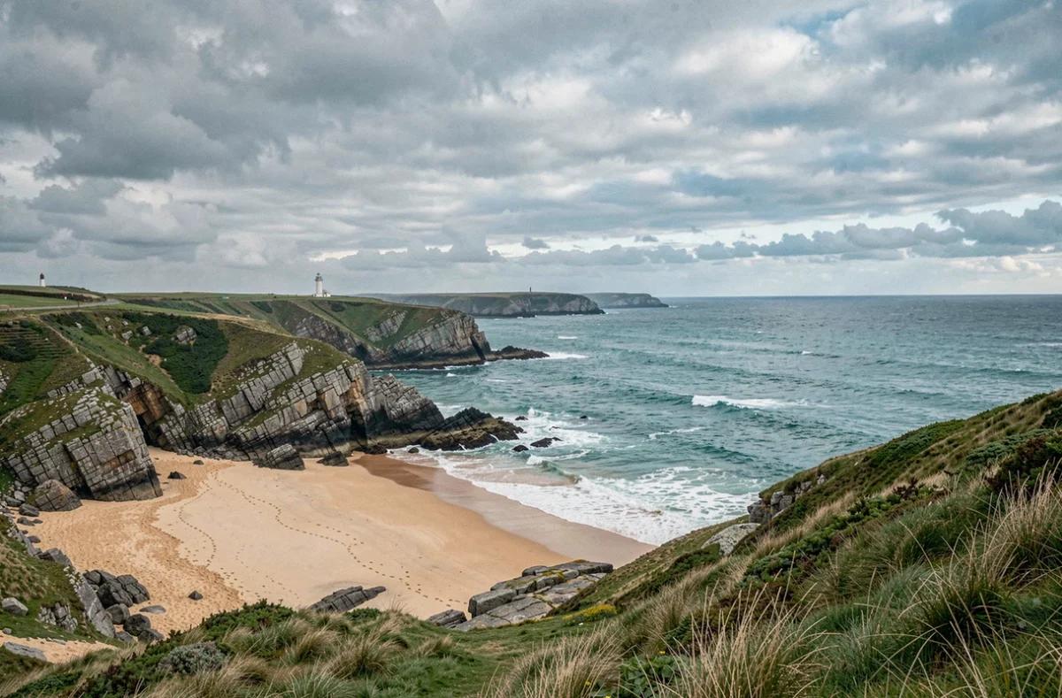 Vue panoramique d'un littoral breton sauvage avec falaises de granit, plages dorées et eaux turquoise de l'Atlantique