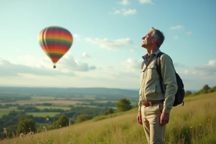 Homme en randonnée regardant un ballon dans un champ