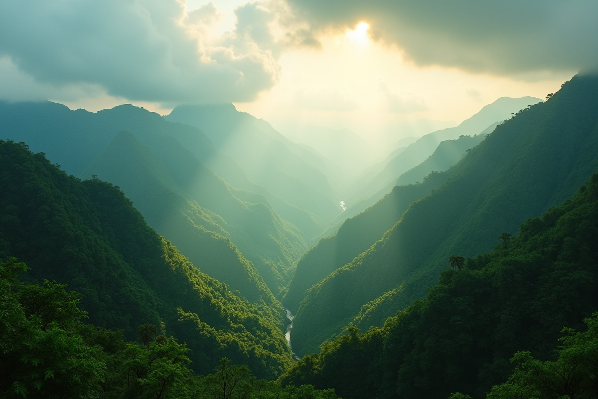 Montagnes verdoyantes en Thaïlande sous lumière d