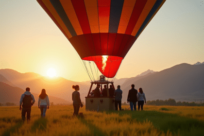 Montgolfière colorée au lever du soleil avec groupe souriant