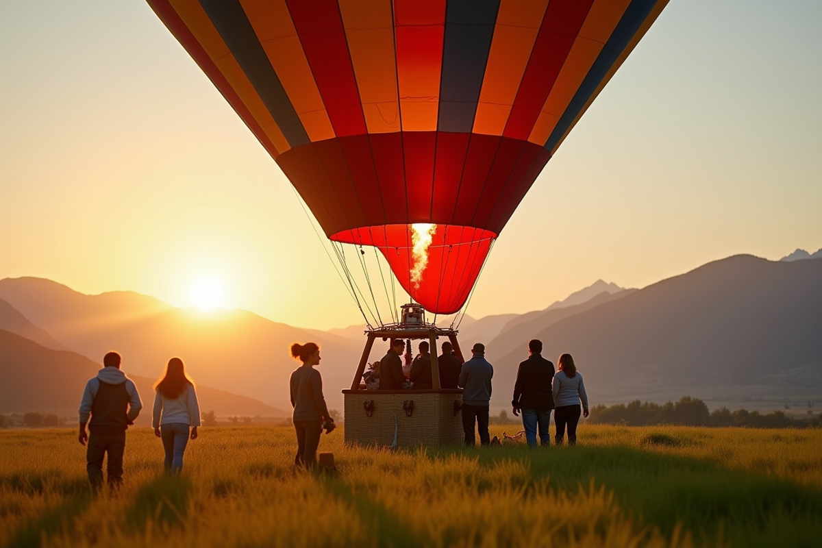 Montgolfière colorée au lever du soleil avec groupe souriant