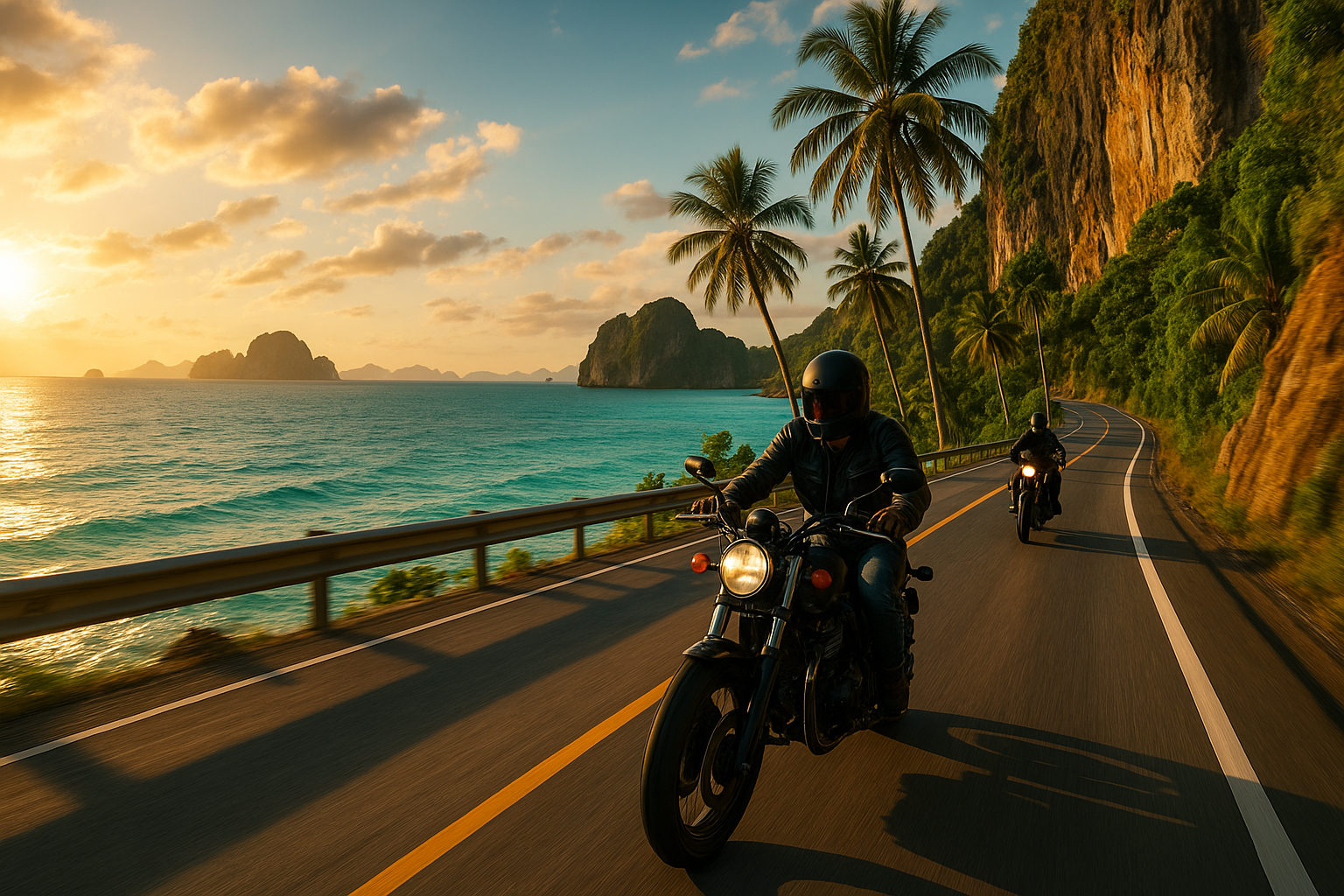 Deux motards sur une route côtière en Thaïlande avec mer turquoise