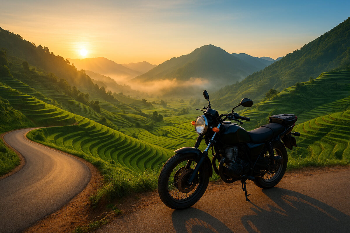 Photo hyperrealiste d'une moto sur une route en Vietnam avec rizières