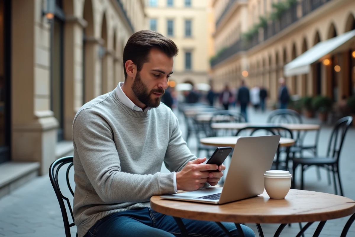 Travailleur nomade gérant sa connectivité eSIM dans un café en plein air en Europe