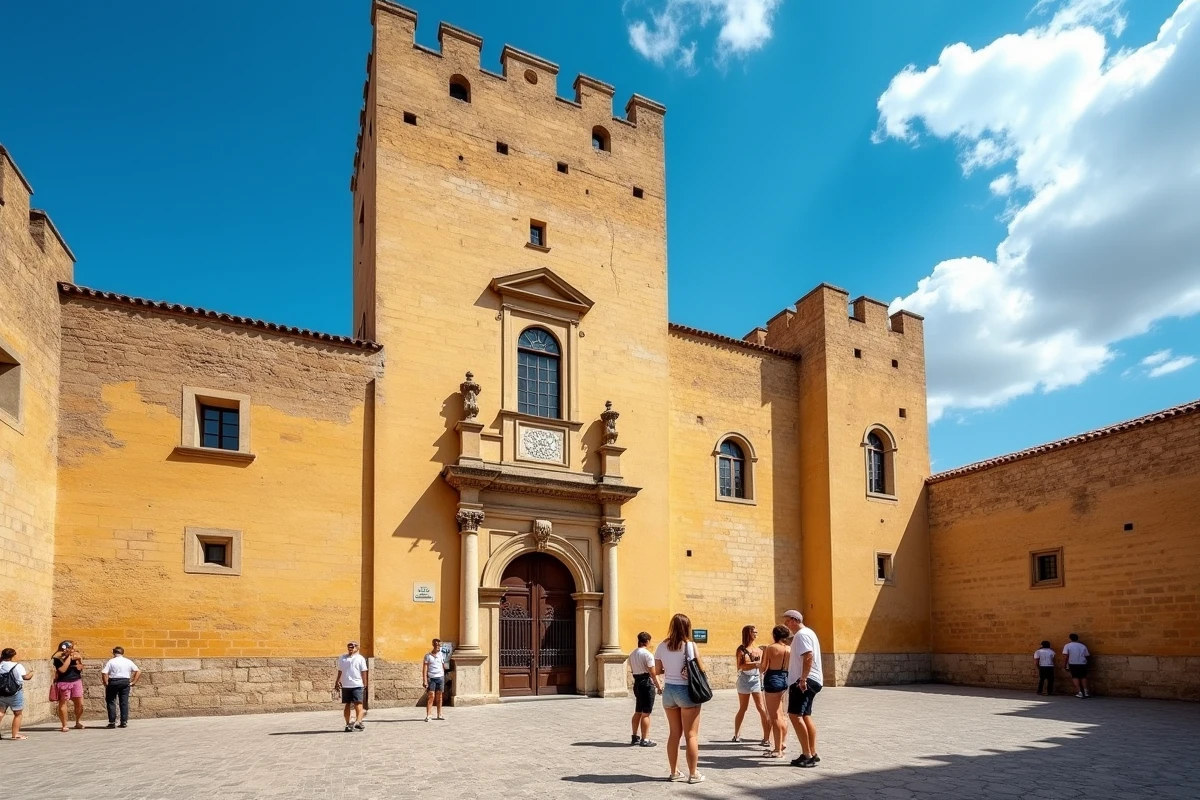 Façade extérieure du Palais des Normands à Palerme avec des touristes devant l'entrée