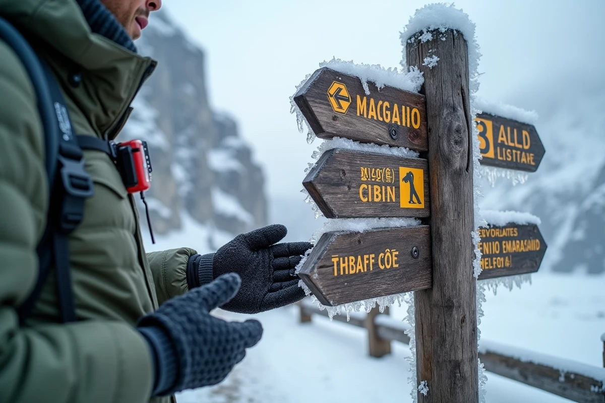 Panneau de signalisation montagne enneigé au Col du Petit-Saint-Bernard avec équipement de sécurité avalanche