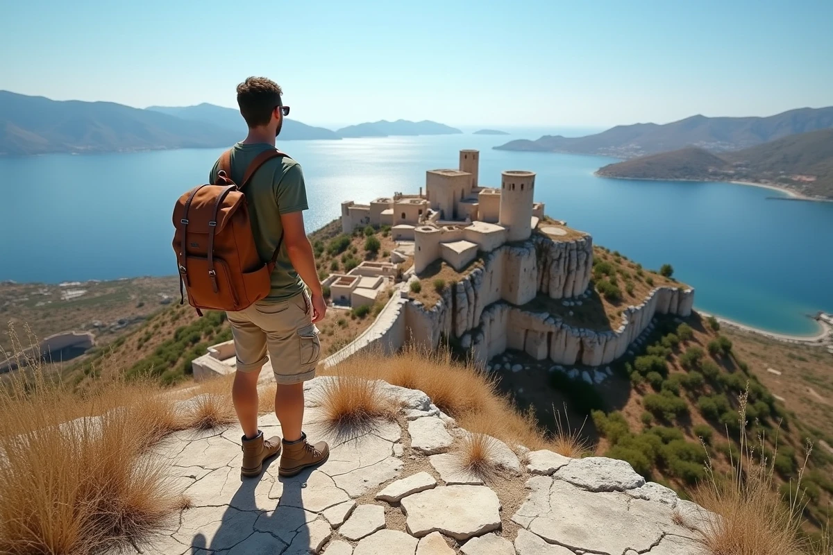 Vue panoramique sur les tours en pierre d'Areopoli et la mer depuis les hauteurs du Magne