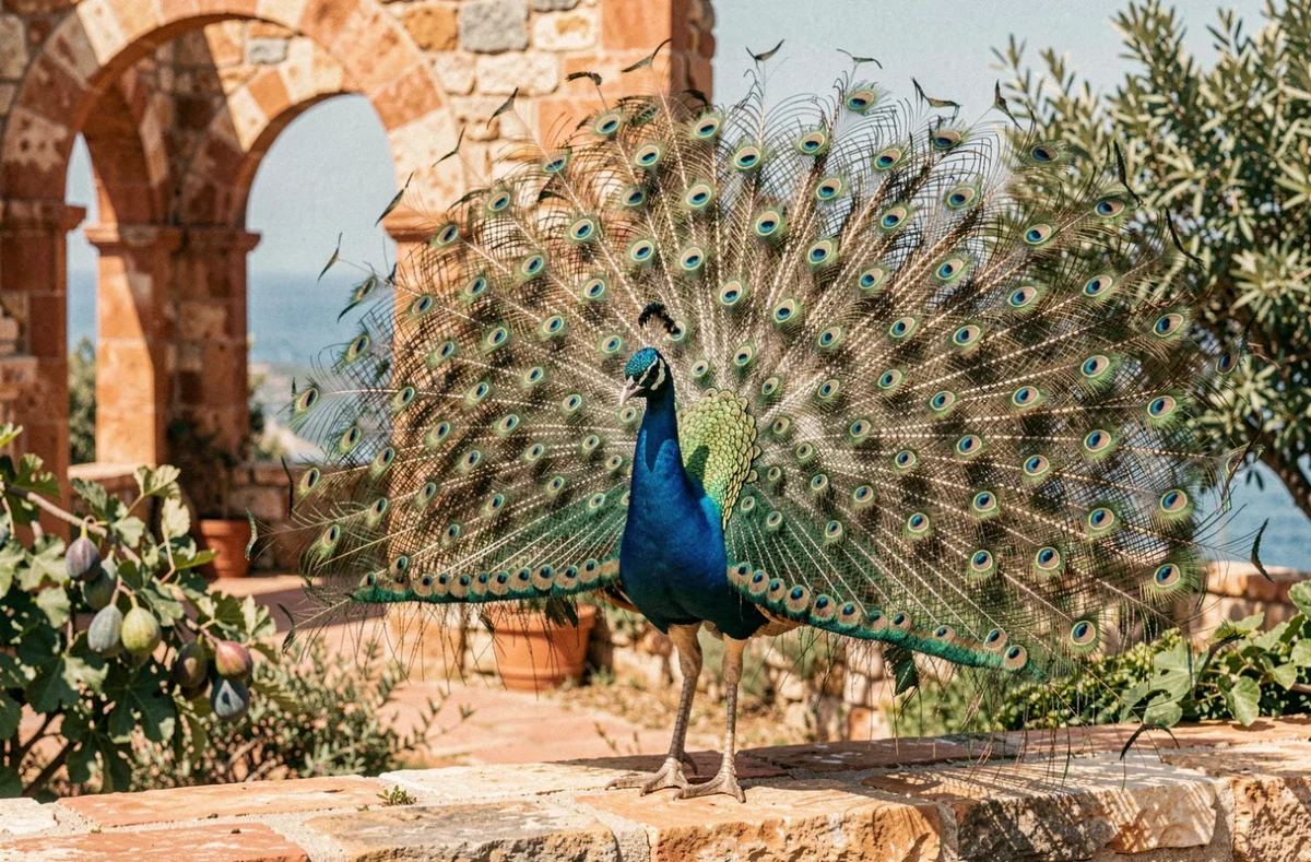 Paon au plumage iridescent déployé sur un mur de pierre de l'île de Lokrum, avec des jardins méditerranéens en arrière-plan