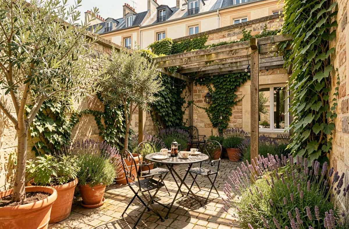 Jardin intérieur verdoyant de Paris-Oasis avec table bistrot, plantes en pot et murs en pierre couverts de lierre