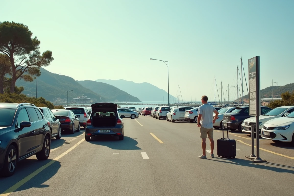 Grand parking continental pour accéder à Porquerolles avec des voitures alignées et un homme consultant une carte près de son véhicule ouvert